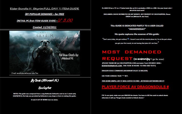 skyrim cheat id codes for pc